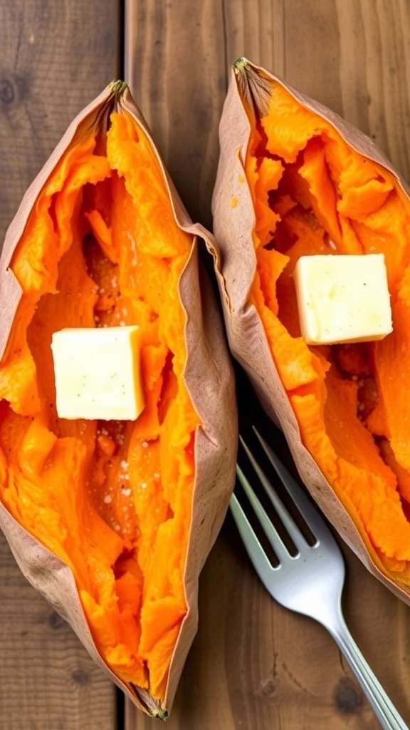 Two cooked sweet potatoes with butter on a wooden table.